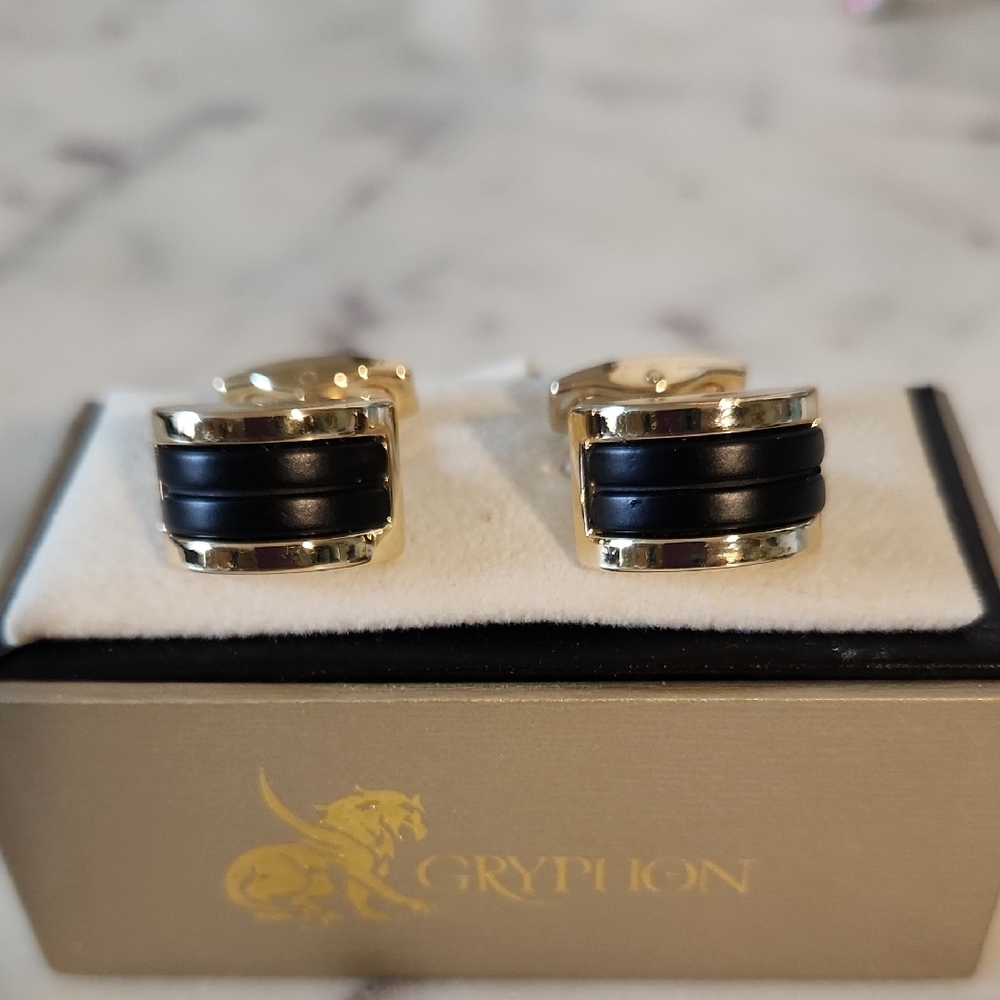 Gryphon | Unisex Black Leather and Goldtone Cufflinks 🔥